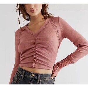 Free People $98 Wear Me Out Rose Thermal Shirt Top XSmall Boho Cottagecore